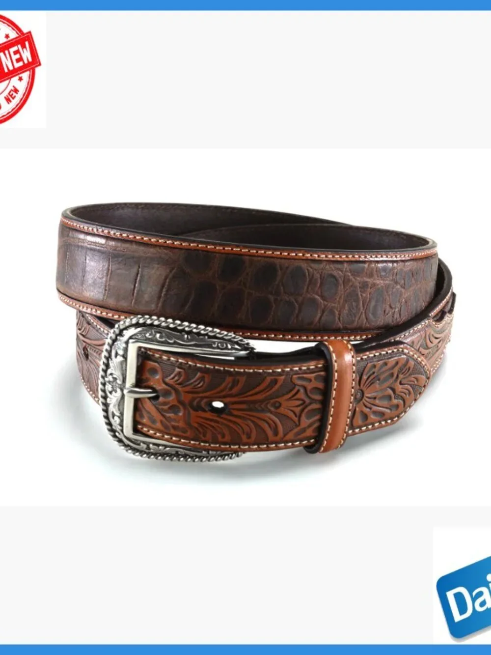 Men's Genuine Leather Belt with Floral Tab Buckle Size 34